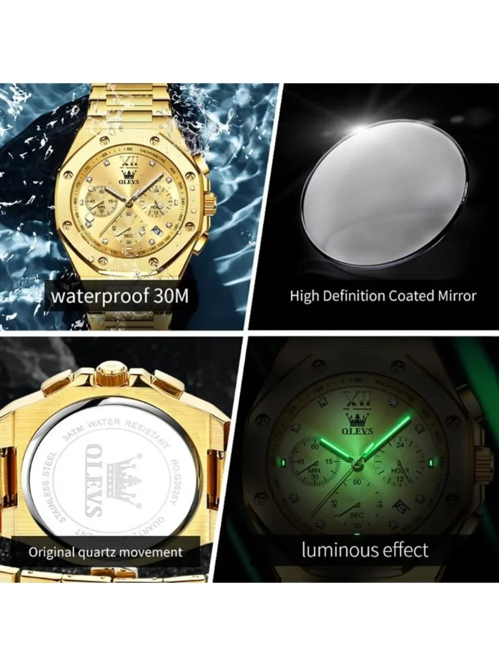 Men's Gold Luxury Stainless Octagon Analog Quartz Chronograph Waterproof Watch